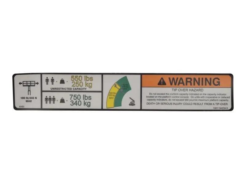 JLG Part # 1001194234 | DECAL,WARNING MAX CAP. (ANSI), EA