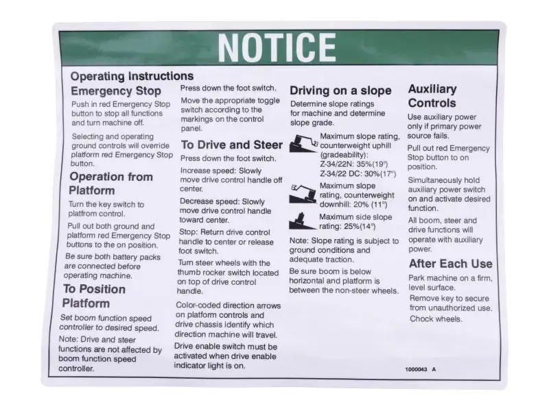 JLG Part # 1000043GTGN | GN-DECAL, NOTICE OPER INST, EA