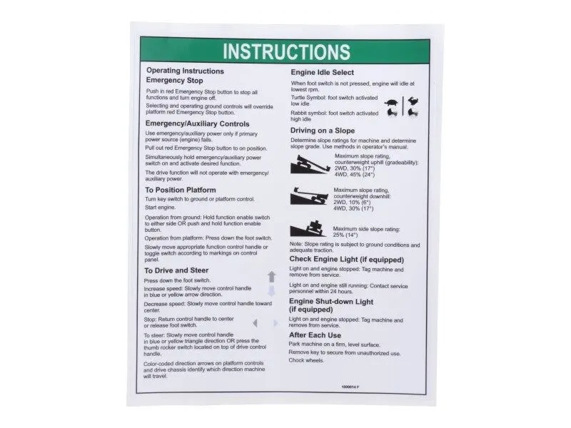 JLG Part # 1000014GT | GN-DECAL, OPERATING INSTRUCT, EA