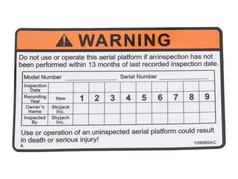 JLG Part # 109985SJ | SJ-DECAL, NO INSPECTION, EA
