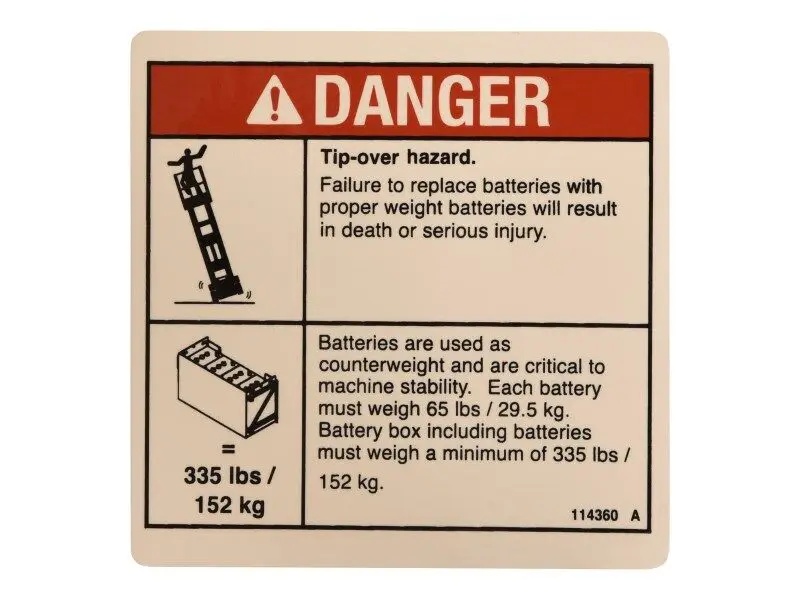 JLG Part # 114360 | GN-DANGER-TIP-OVER,BATT, EA
