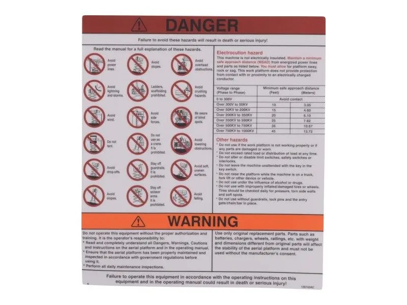 JLG Part # 128742SJ | SJ-DANGER/WARNING DECAL, EA