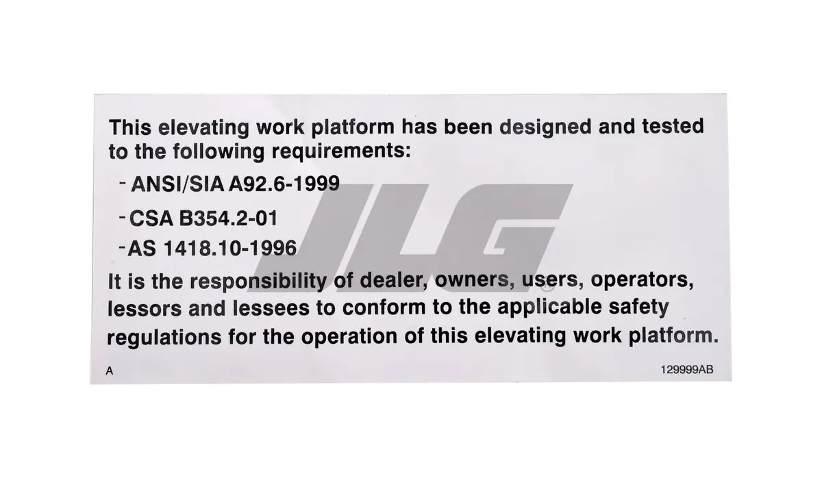 JLG Part # 129999 | SJ-DECAL, ANSI, EA