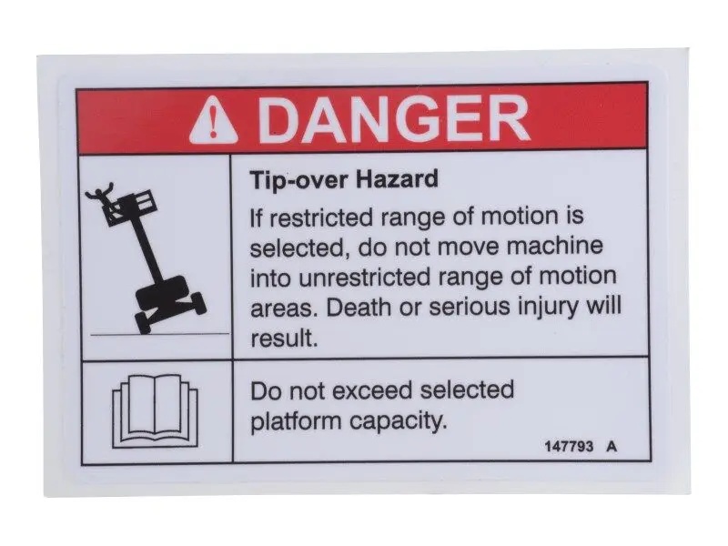 JLG Part # 147793GT | GN-DECAL, DANGER, TIP OVER, EA