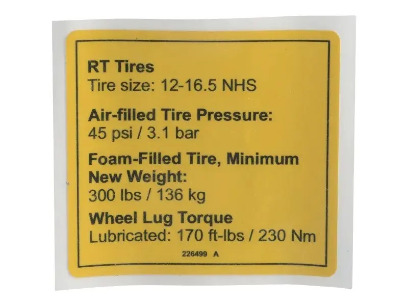 JLG Part # 226499GT | GN-DECAL, NOTICE TIRE PRESSURE, EA
