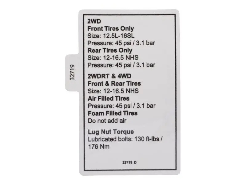 JLG Part # 32719GN | GN-DECAL, NOTICE, TIRE PRESS, EA