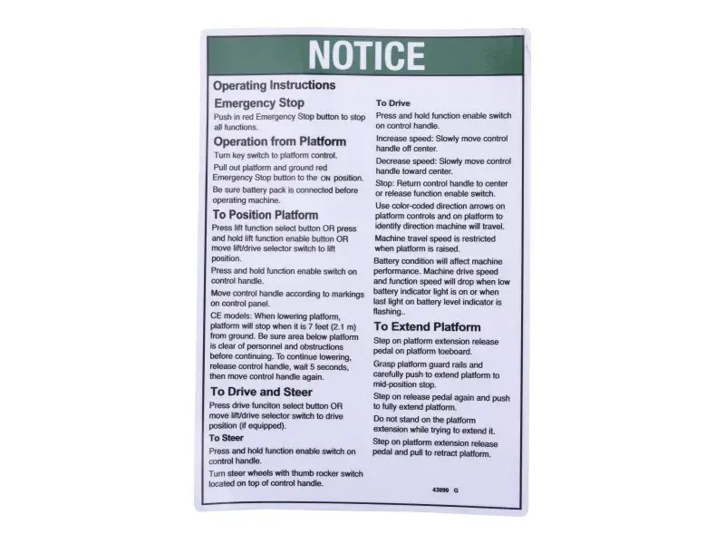 JLG Part # 43090 | GN-NOTICE,OPER INSTR,PCP, EA