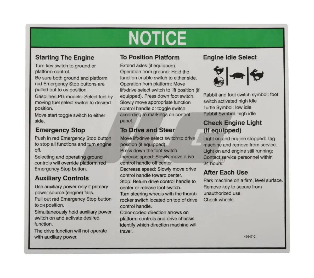 JLG Part # 43647GTGN | GN-DECAL NOTICE OPER INST, EA
