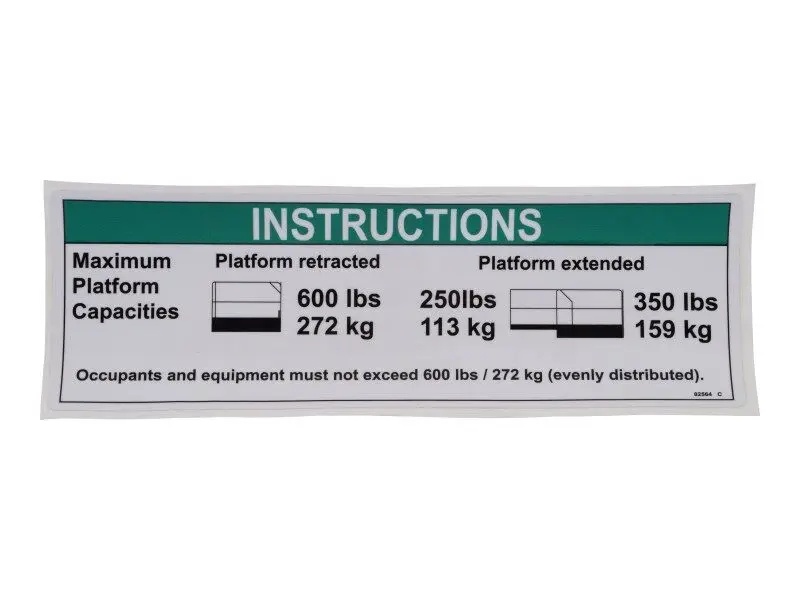 JLG Part # 82564 | GN-DECAL, INSTR MAX CAP 600LBS, EA