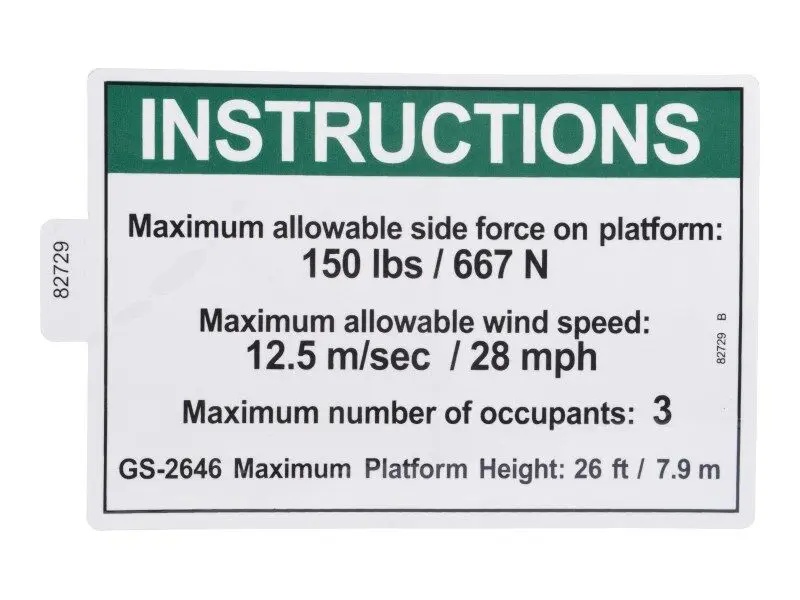 JLG Part # 82729GN | GN-DECAL,SIDE FRC ANSI 2646, EA
