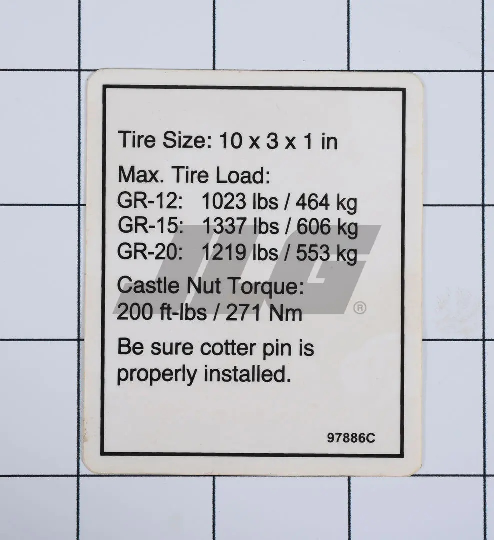 JLG Part # 97886 | GN-LABEL,TIRE SPECS GR, EA