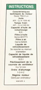 Genie Lift Part # 824615FRGT - DECAL,ENGINE SPEC, DEUTZ TD2.9, EA