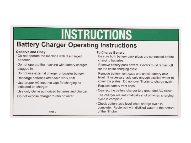JLG Part # 70040817 | NOTICE,CHARGER INSTRUCT, EA