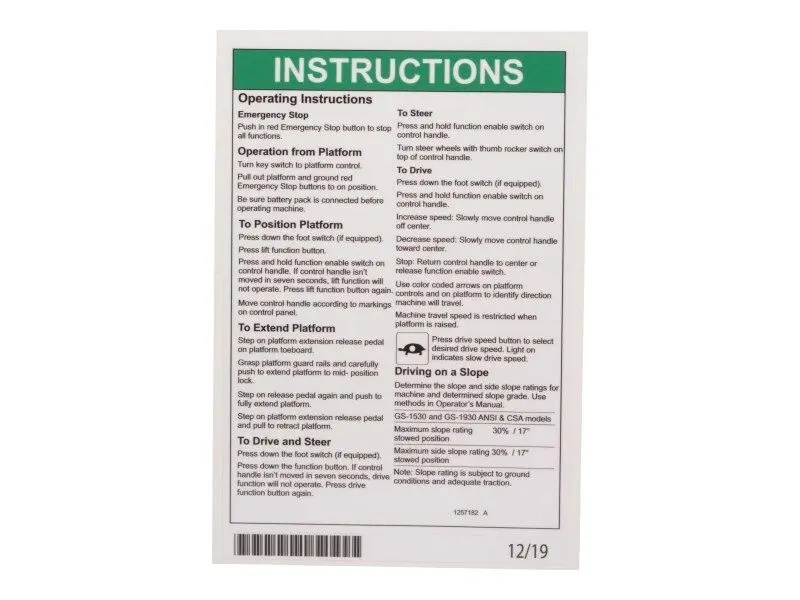 JLG Part # 70046728 | DECAL,OPERATING INSTRUCTIONS, EA