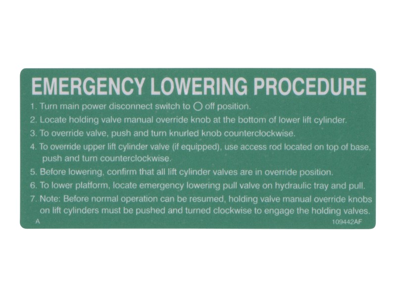 JLG Part # 70040628 | DECAL, EMERGENCY LOWERING, EA