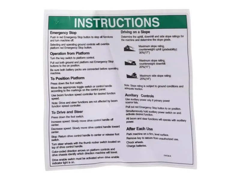 JLG Part # 70042216 | DECAL,OPERATING INSTRUCTIONS, EA