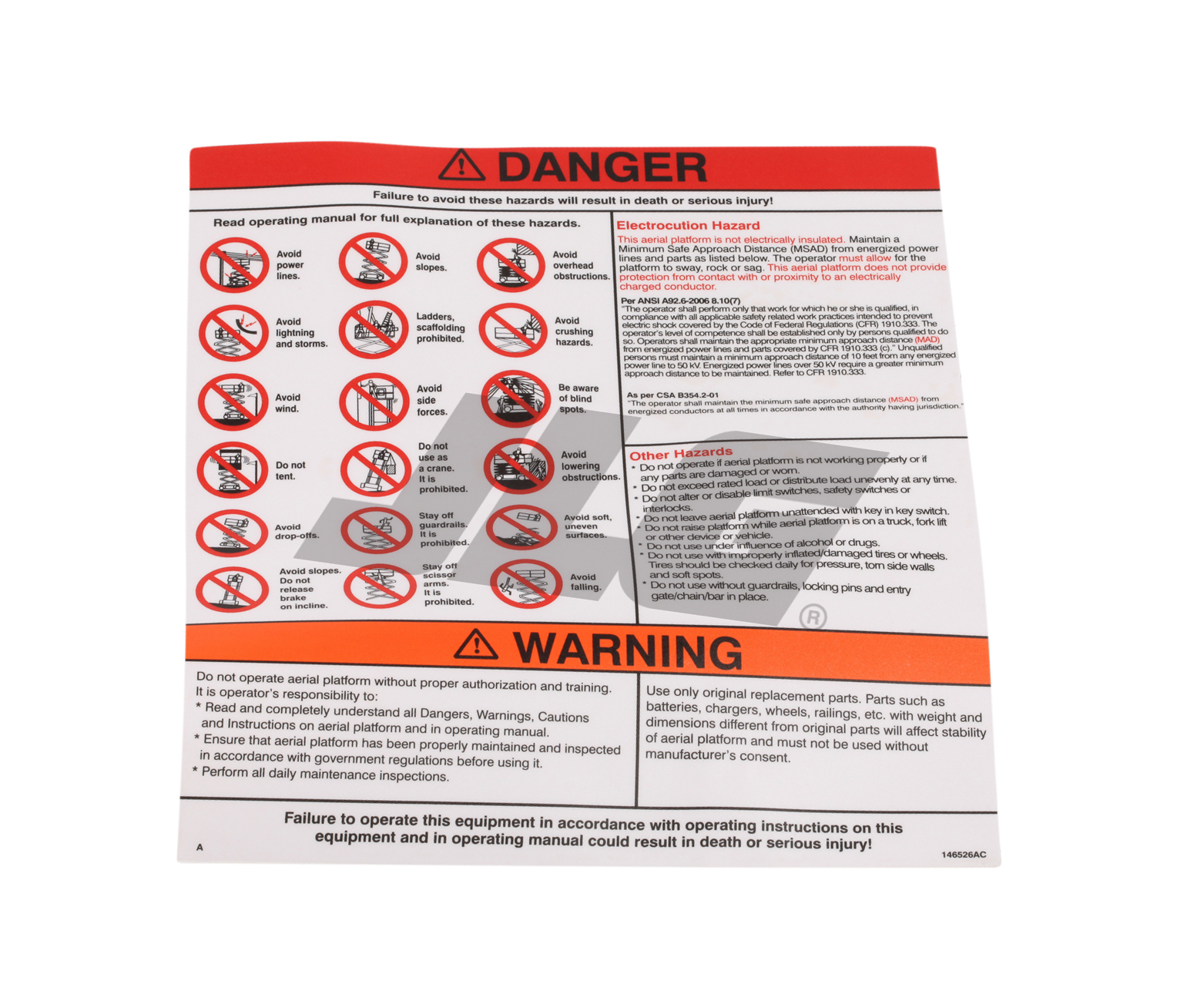JLG Part # 70040623 | DANGER/WARNING DECAL, EA