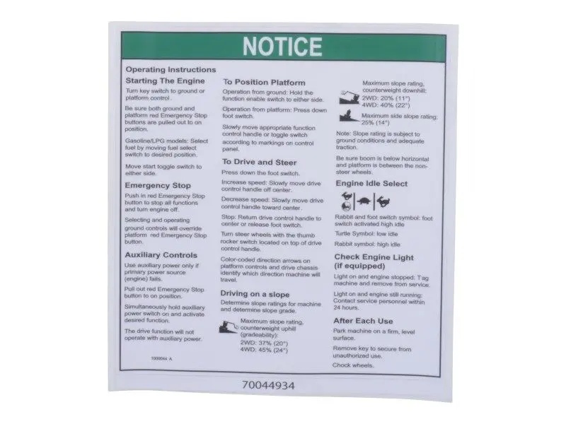 JLG Part # 70044934 | DECAL,NOTICE, OPER INST.Z34IC, EA
