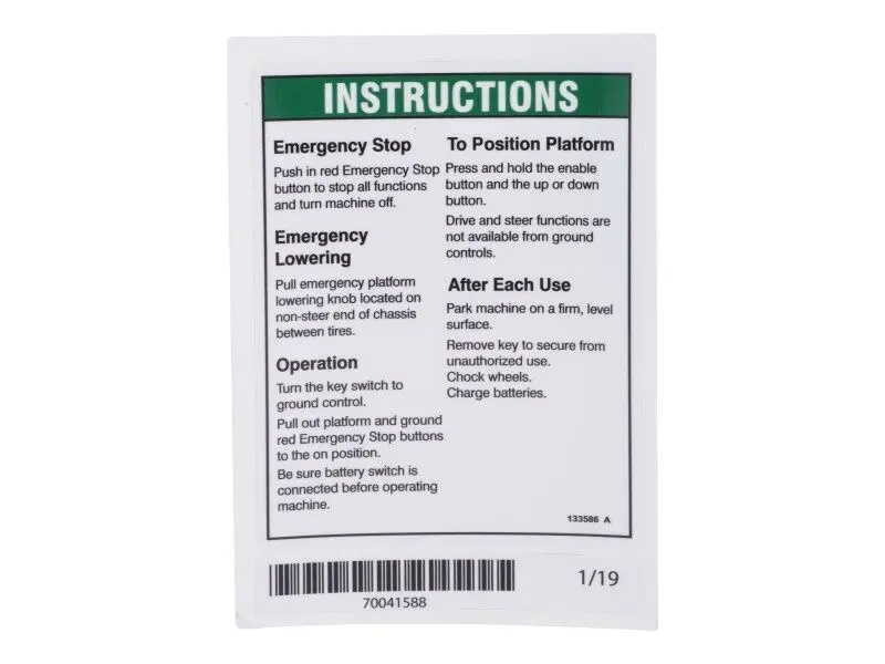 JLG Part # GN133586GT | GN-DECAL,INSTRUCTIONS, OPER, EA