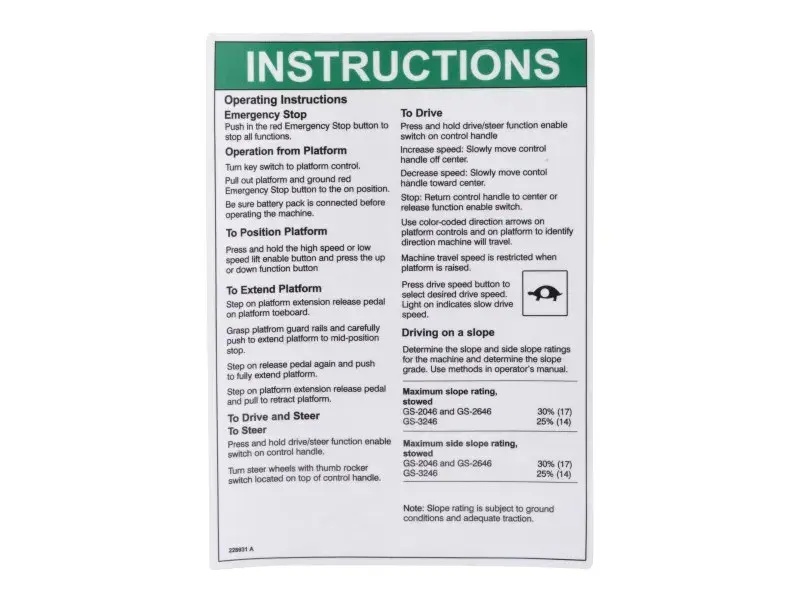 JLG Part # 70042028 | DECAL,OPERATING INSTRUCTIONS, EA