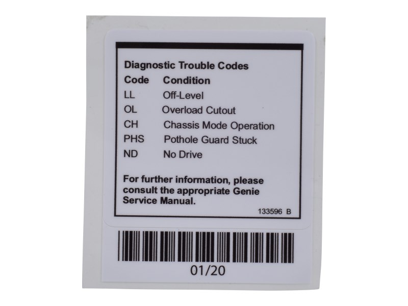 JLG Part # 70043620 | DECAL,FAULT CODES, EA