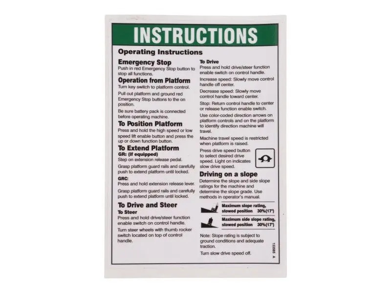JLG Part # 70041589 | DECAL,OPERATING INST., PLAT, EA