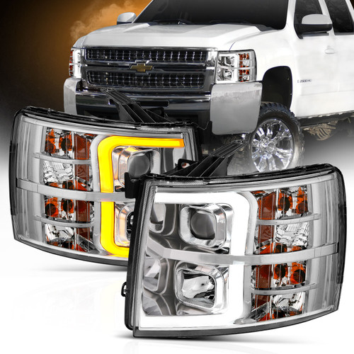 ANZO 111411 ANZO 07-13 Chevrolet Silverado 1500/2500/3500 Proj Headlights w/ Plank Style Switchback Chrome w/Amb
