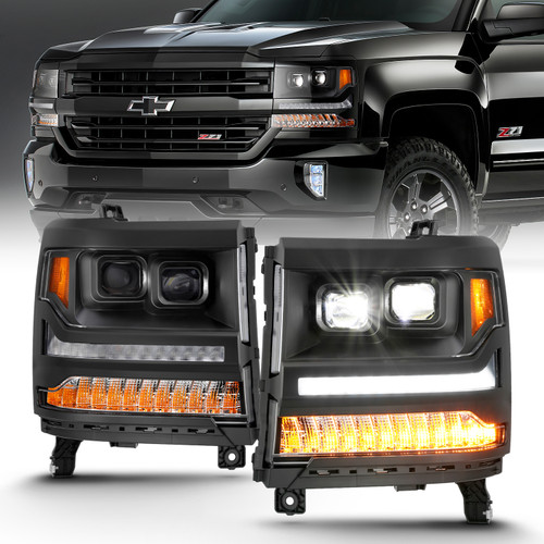 ANZO 111420 ANZO 16-18 Chevrolet Silverado 1500 LED Projector Headlights w/Plank Style Switchback Black w/ Amber