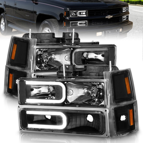 ANZO 111528 ANZO 88-98 Chevrolet C1500 Crystal Headlights w/ Light Bar Black Housing w/ Signal Side Markers 8Pcs