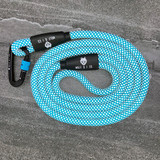 Wolf & I Co.'s reflective six foot blue climbing rope dog leash featuring reflective weave for night walks.