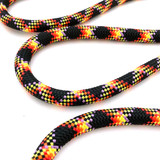 Firecracker 6ft rope dog leash features multicolour weave of red, yellow, black and orange.