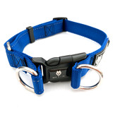 Wolf & I Co. Mariner Navy Blue Dog Collar features stainless steel, double d ring leash attachment, id tag attachment and secure buckle. Suitable for medium to large sized dogs.