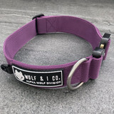 Wolf & I Co. Tactical Dog Collar in black features heavy duty stainless steel d ring leash attachment, id tag attachment and secure buckle. Available in Medium/Large for medium to large sized dogs. The Wolf & I Co. Alpha Wolf tactical dog collars features a stainless steel leash attachment as well as an ID tag attachment.