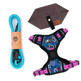 Featuring a Small Reflective No Pull Puppy Harness, 4ft Rope Dog Leash (colour of your choice) a portable and collapsible dog bowl. 