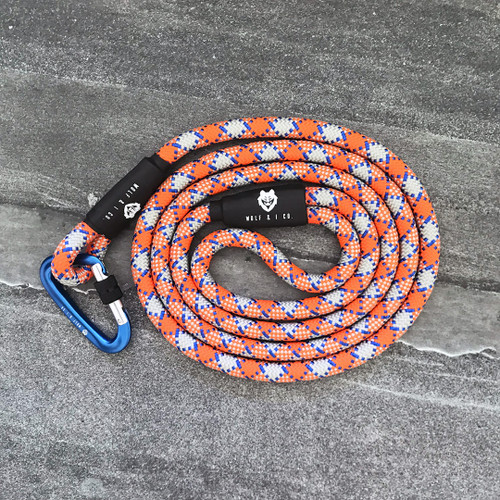 Check out Wolf & I Co.'s Orange County six foot orange climbing rope dog leash with silver carabiner. Shop online now!