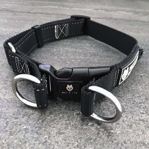Wolf & I Co. Espresso Black Puppy Collar features stainless steel, double d ring leash attachment, id tag attachment and secure buckle. Available in S/M for puppies.