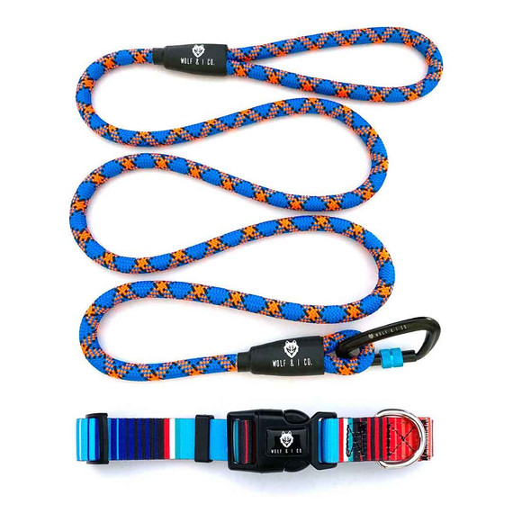 The Valley six foot rope dog lead, paired with Gaucho Dog Collar. The perfect leash and collar set for your dogs daily dog walks.