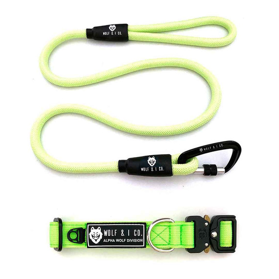 Glo Worm four foot climbing rope dog leash and fluro yellow dog collar set is a fun combination and will be a great addition to any dogs leash arsenal. Shop online and save!