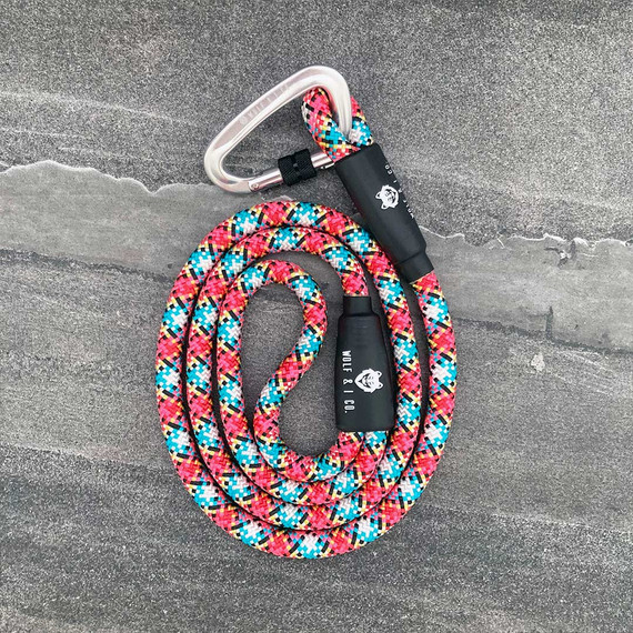 Your dog will love Wolf & I Co.'s  best selling Senorita four foot multicoloured climbing rope dog leash with silver carabiner. Shop online now!
