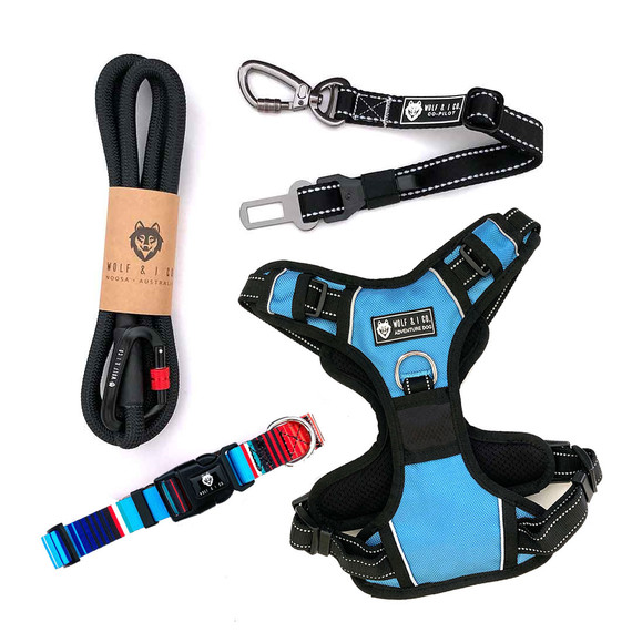 Ensure your dog travels safely every time. This travel pack for dogs features high visibility front and back clip dog harness, dog seatbelt, dog collar and 6ft dog leash. Shop online today and save!