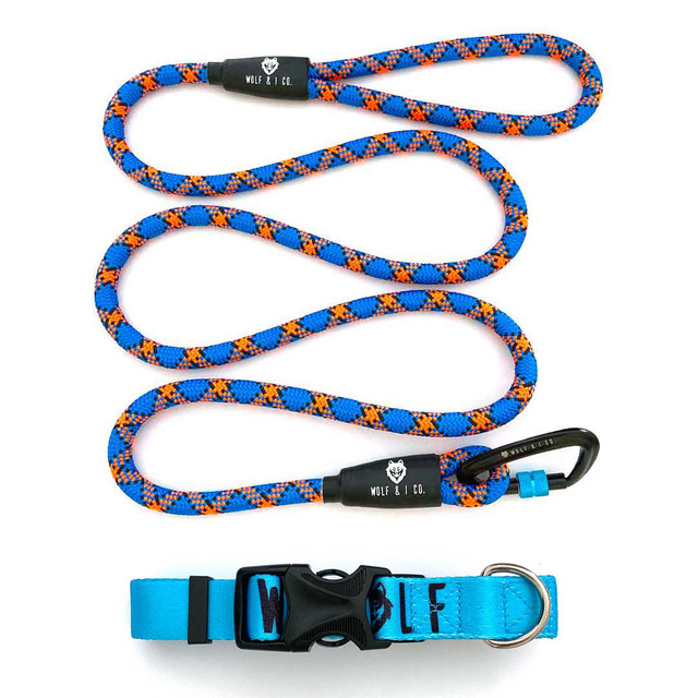 The Valley six foot rope dog lead, paired with Palisades Blue Dog Collar. The perfect leash and collar set for your dogs daily dog walks.