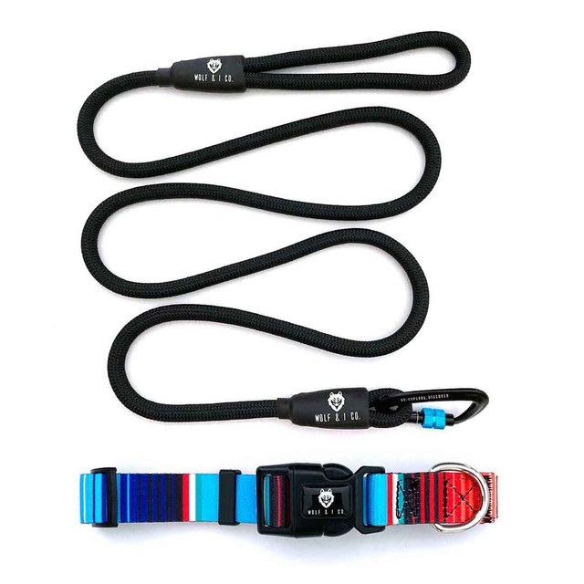 Wolf & I Co. Sensei 6ft climbing rope dog leash is made of ultra-strong nylon climbing rope. Nylon is lightweight, weatherproof, and will not mildew or fray (unlike cotton rope leashes). Paired with a Gaucho dog collar your dog will be ready for adventure. Shop leash and collar sets online and save!