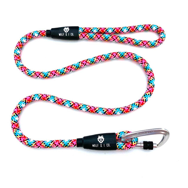 Your dog will love Wolf & I Co.'s  best selling Senorita four foot multicoloured climbing rope dog leash with silver carabiner. Shop online now!
