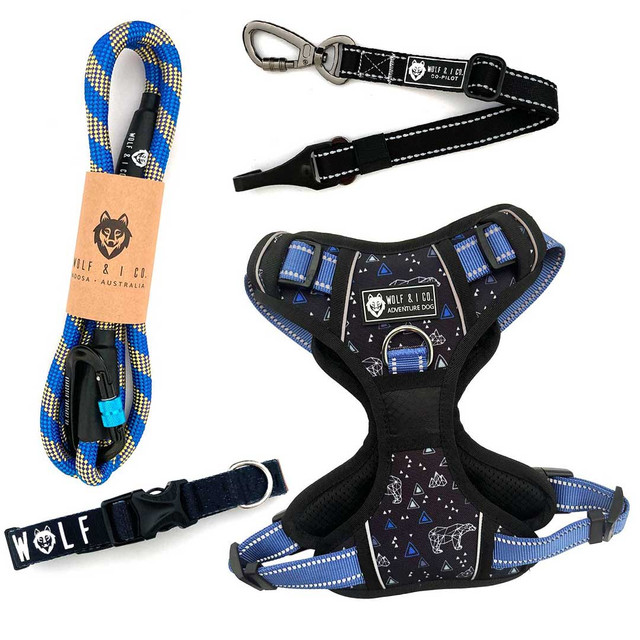 Ensure your dog travels safely every time. This travel pack for dogs features high visibility front and back clip dog harness, dog seatbelt, ML dog collar and 4ft dog leash. Shop online today and save!