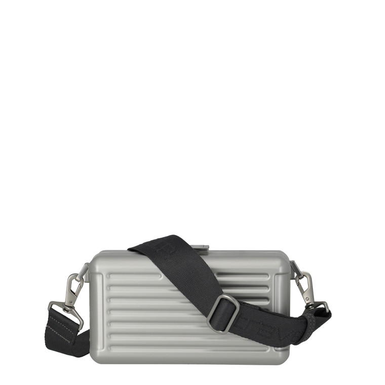Travelite NEXT Aluminium Crossbody Bag – Silver - front with strap