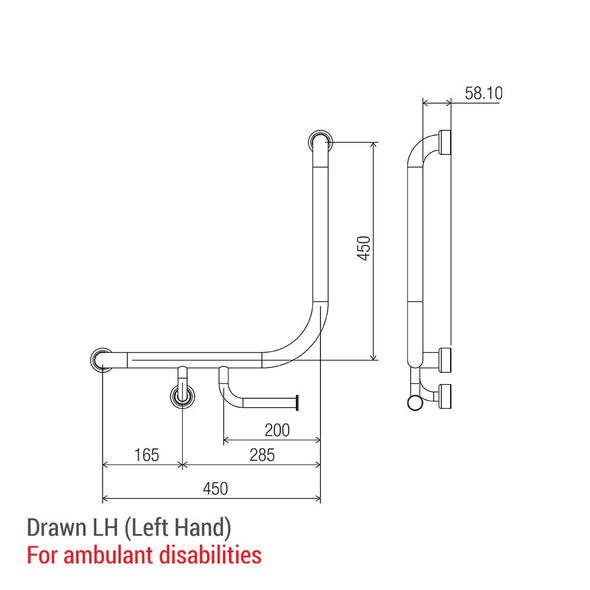 Hygienic Seal® 90° Ambulant & Accessible Grab Rail with Toilet Paper Holder 450mm x 450mm