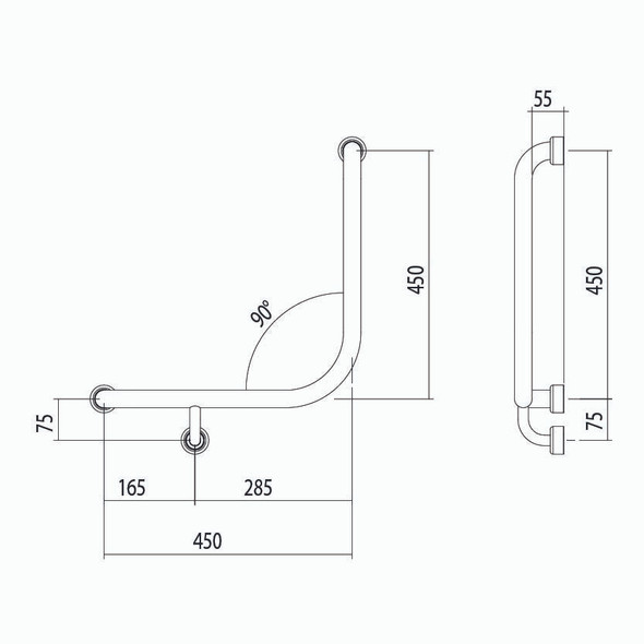 Hygienic Seal® 90° Ambulant Grab Rail 450mm x 450mm
