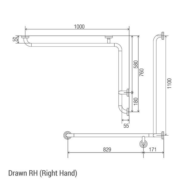 Clam® Flange Corner Shower Grab Rail 760mm x 1000mm x 1100mm