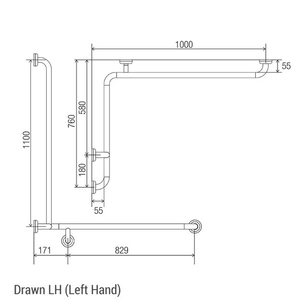 Clam® Flange Corner Shower Grab Rail 760mm x 1000mm x 1100mm