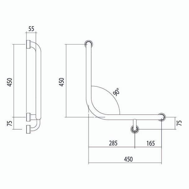 Hygienic Seal® 90° Ambulant Grab Rail 450mm x 450mm